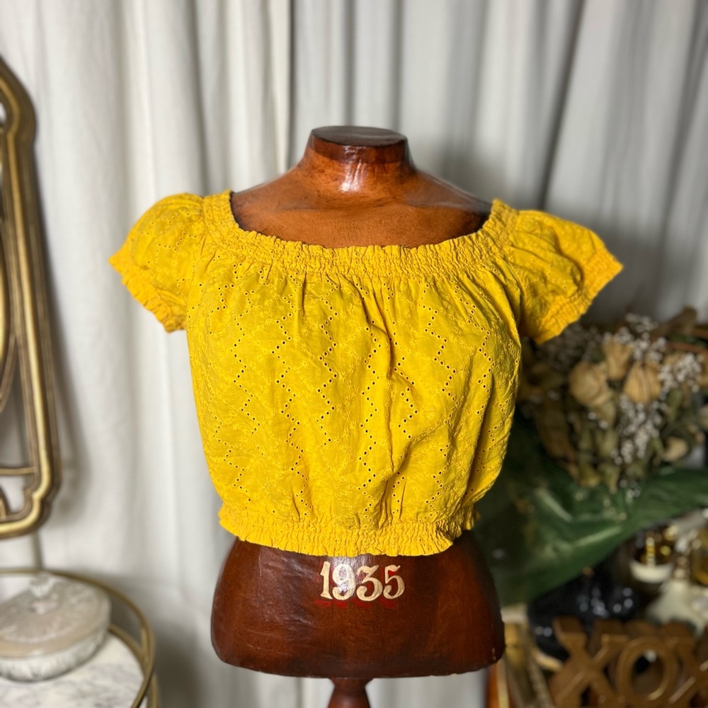 Divided Mustard Eyelet Off-Shoulder Crop Top prairie Cottagecore coquette